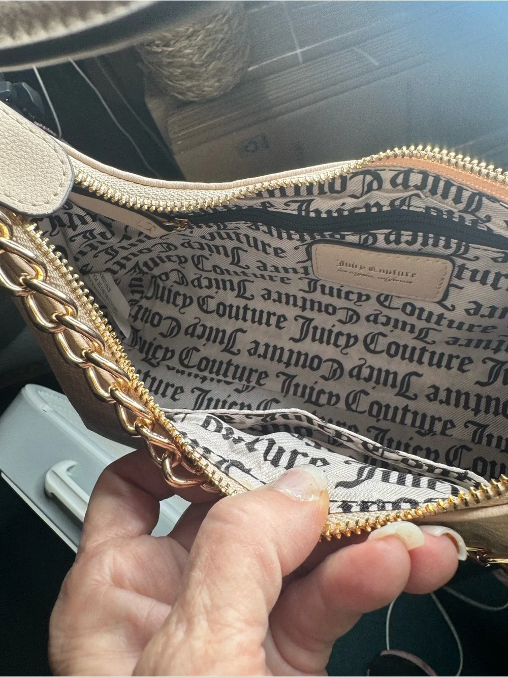 Juicy Couture Hey Queen Hobo Bag Sandstone Gold Chain Purse wristlet
